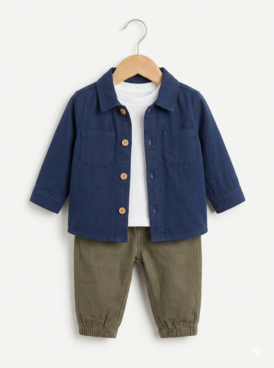 Conjunto Importado 3 Piezas Niño: Chaqueta Azul Índigo, Camiseta y Pantalón Jogger en Dril