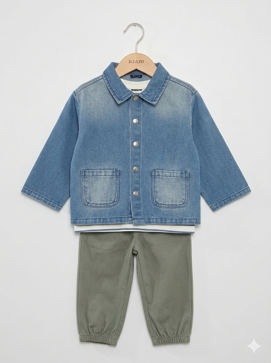 Conjunto Importado 3 Piezas Niño: Chaqueta Denim, Camiseta y Pantalón Jogger en Dril