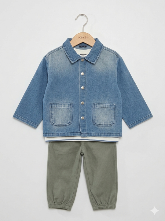 Conjunto Importado 3 Piezas Niño: Chaqueta Denim, Camiseta y Pantalón Jogger en Dril