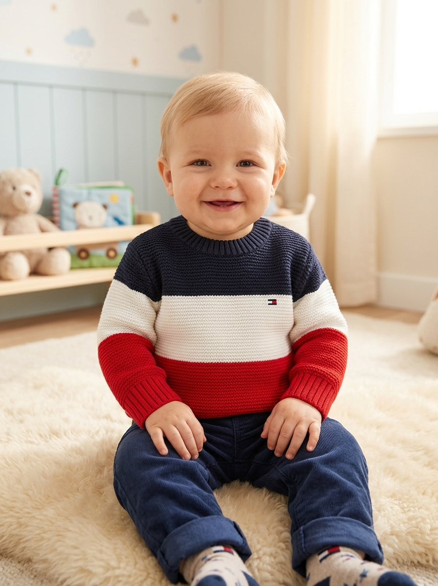 Saco Tejido en Hilo Tricolor para Niño - Estilo Clásico Navy