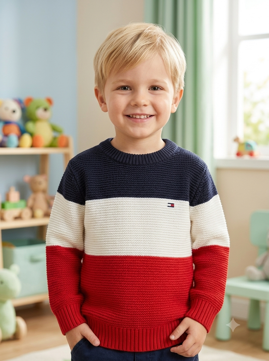 Saco Tejido en Hilo Tricolor para Niño - Estilo Clásico Navy