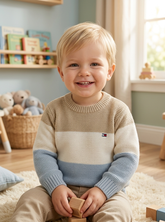 Saco Tejido en Hilo Tricolor para Niño - Estilo Clásico Beige