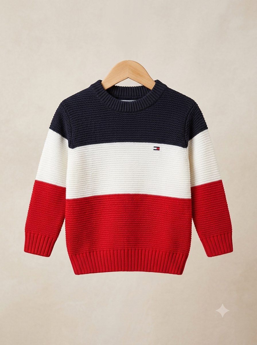 Saco Tejido en Hilo Tricolor para Niño - Estilo Clásico Navy