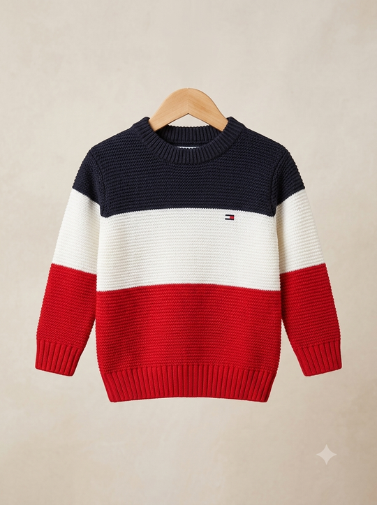 Saco Tejido en Hilo Tricolor para Niño - Estilo Clásico Navy
