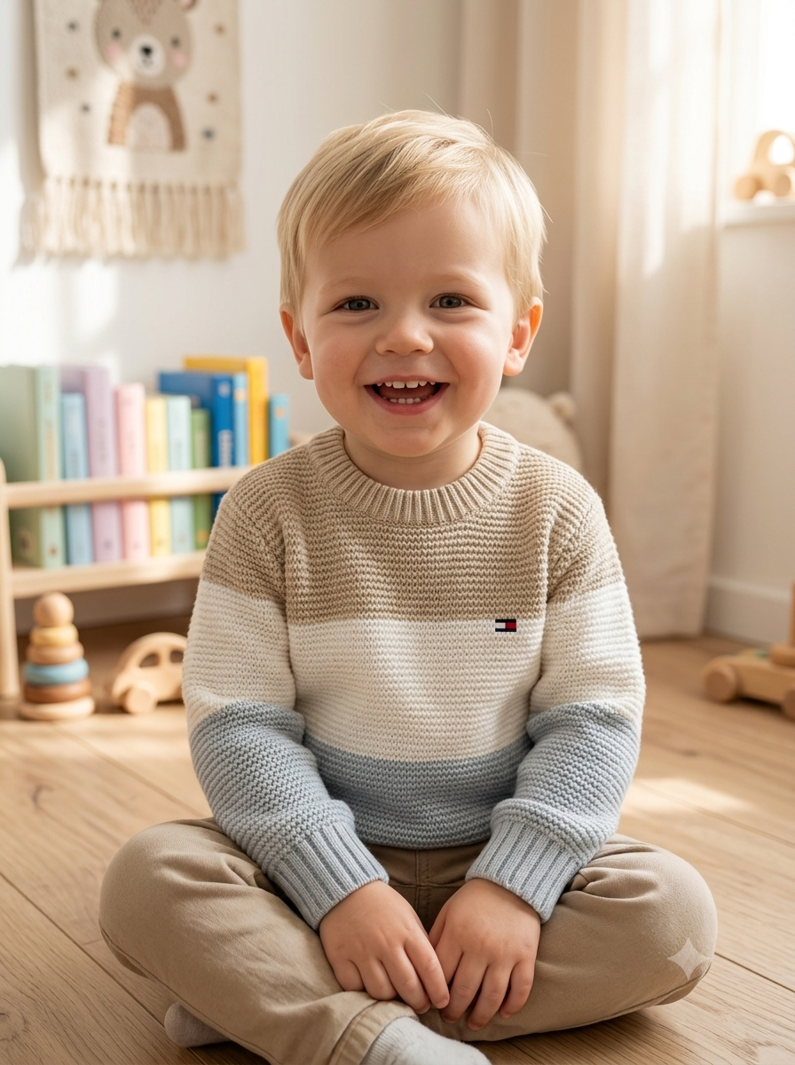 Saco Tejido en Hilo Tricolor para Niño - Estilo Clásico Beige