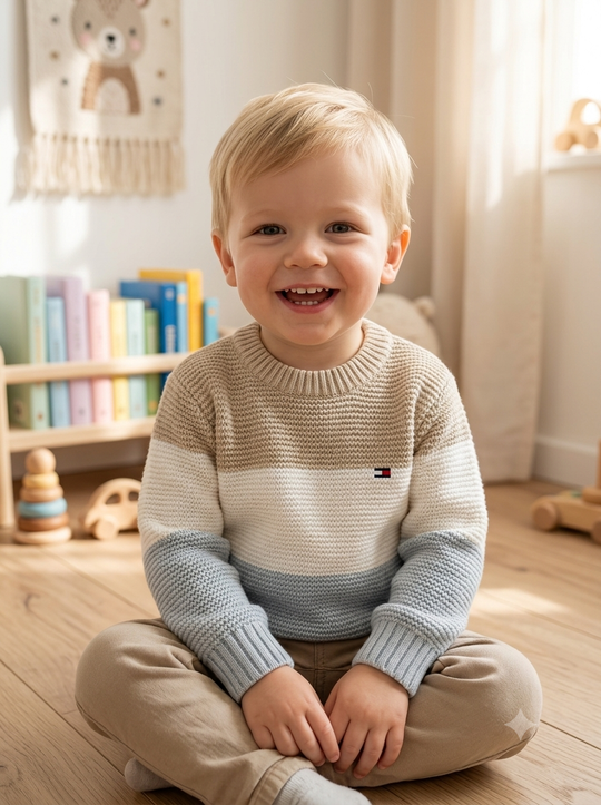 Saco Tejido en Hilo Tricolor para Niño - Estilo Clásico Beige