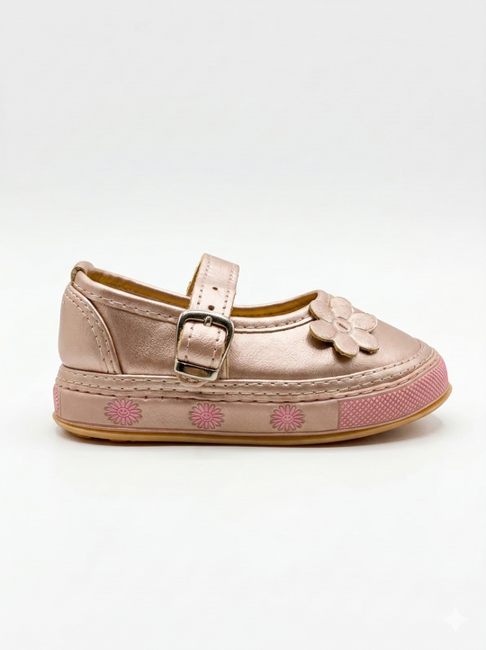 Zapato Baleta  para Niña –  Oro Rosa con Flor(Suela Flexible)