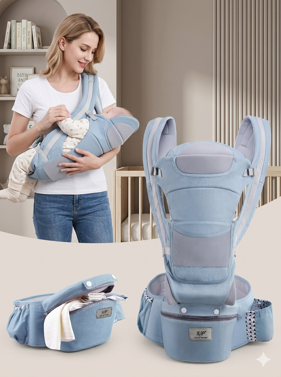 Cargador Ergonómico Premium: Multiposición con Asiento de Cadera y Almacenamiento Integrado