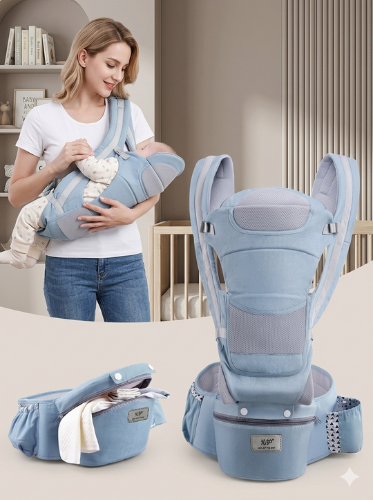 Cargador Ergonómico Premium: Multiposición con Asiento de Cadera y Almacenamiento Integrado