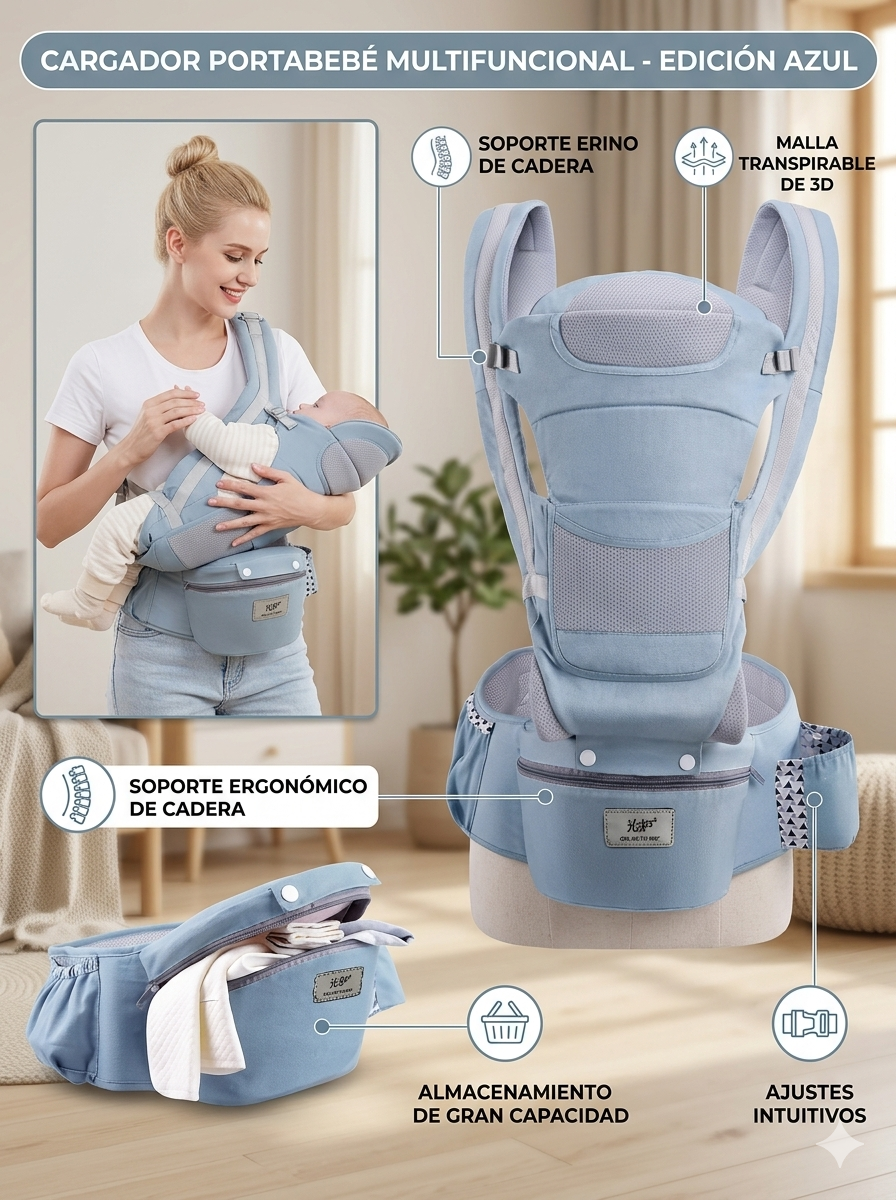 Cargador Ergonómico Premium: Multiposición con Asiento de Cadera y Almacenamiento Integrado