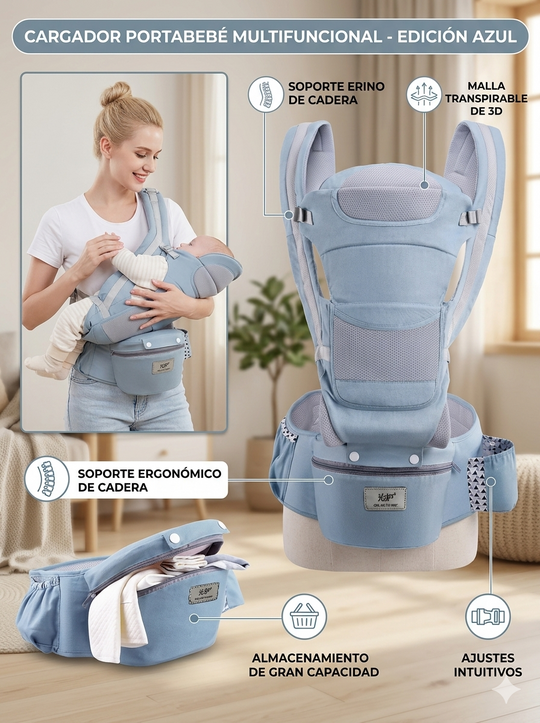 Cargador Ergonómico Premium: Multiposición con Asiento de Cadera y Almacenamiento Integrado