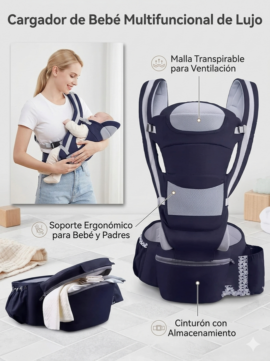 Cargador Ergonómico Premium: Multiposición con Asiento de Cadera y Almacenamiento Integrado