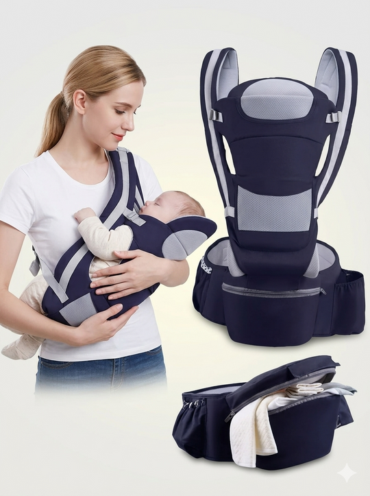 Cargador Ergonómico Premium: Multiposición con Asiento de Cadera y Almacenamiento Integrado