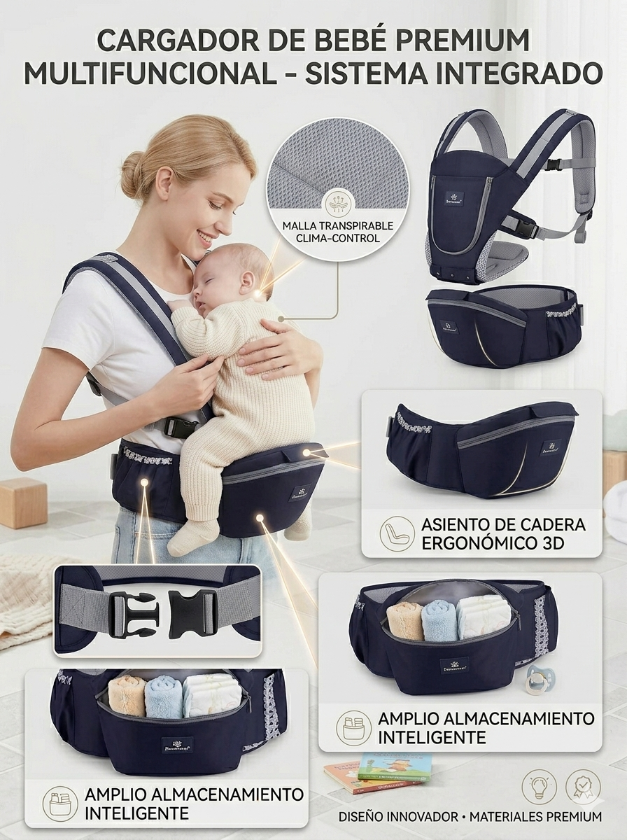 Cargador Ergonómico Premium: Multiposición con Asiento de Cadera y Almacenamiento Integrado