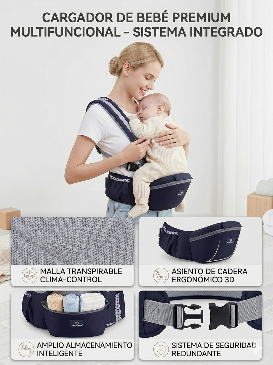 Cargador Ergonómico Premium: Multiposición con Asiento de Cadera y Almacenamiento Integrado