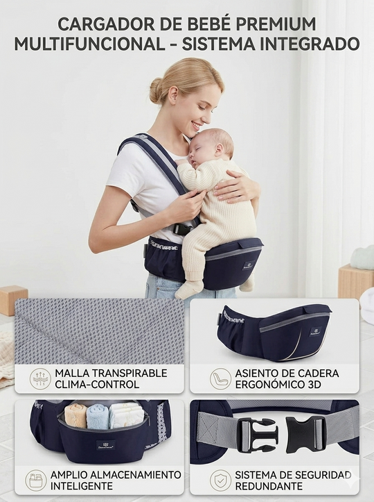 Cargador Ergonómico Premium: Multiposición con Asiento de Cadera y Almacenamiento Integrado