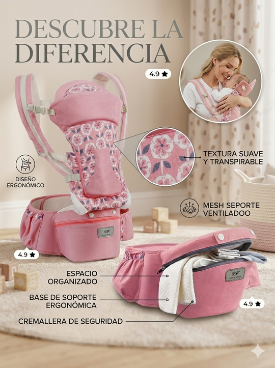 Cargador Ergonómico Premium : Multiposición con Asiento de Cadera y Almacenamiento Integrado
