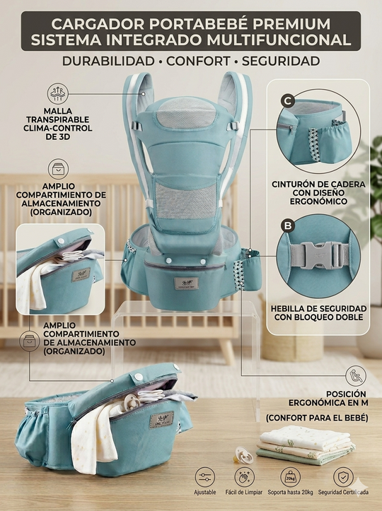 Cargador Ergonómico Premium: Multiposición con Asiento de Cadera y Almacenamiento Integrado