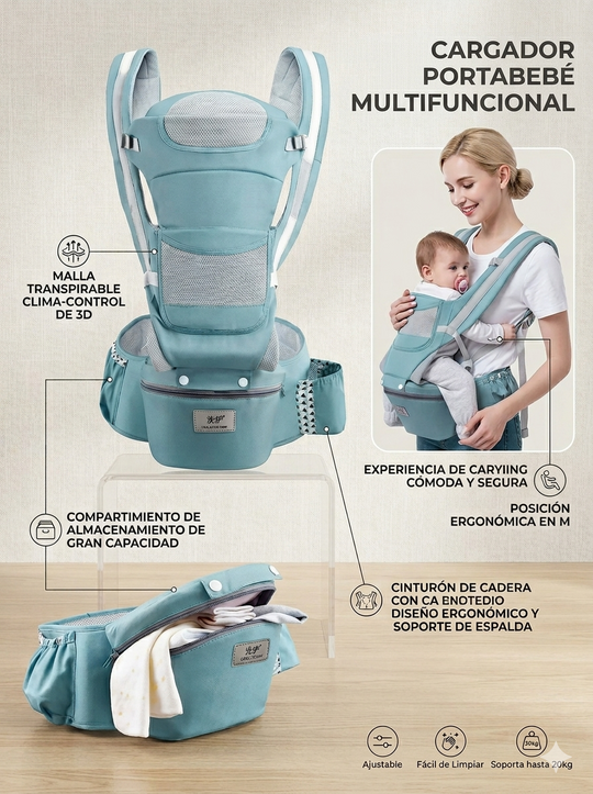 Cargador Ergonómico Premium: Multiposición con Asiento de Cadera y Almacenamiento Integrado