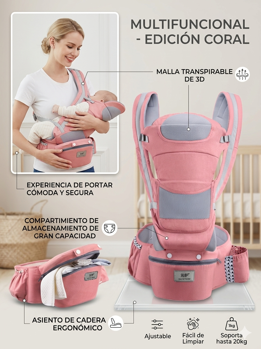 Cargador Ergonómico Premium : Multiposición con Asiento de Cadera y Almacenamiento Integrado