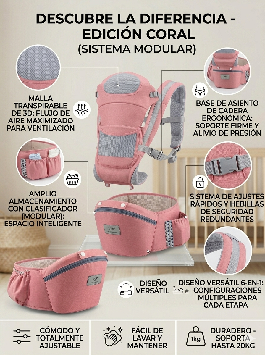 Cargador Ergonómico Premium : Multiposición con Asiento de Cadera y Almacenamiento Integrado