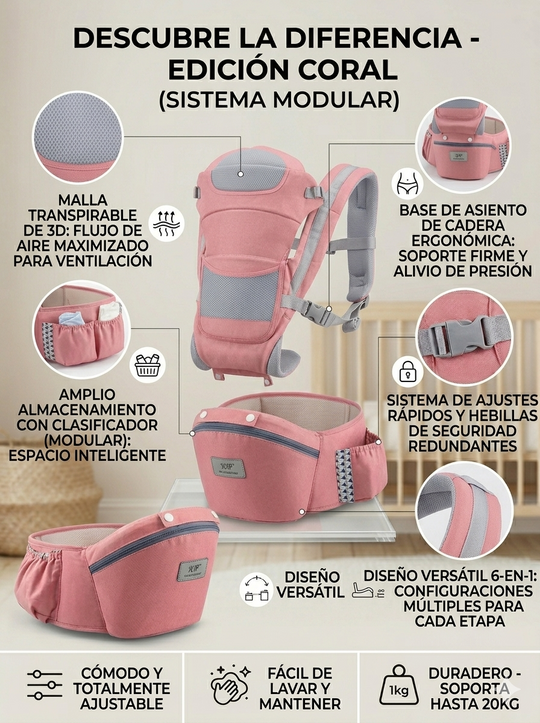 Cargador Ergonómico Premium : Multiposición con Asiento de Cadera y Almacenamiento Integrado