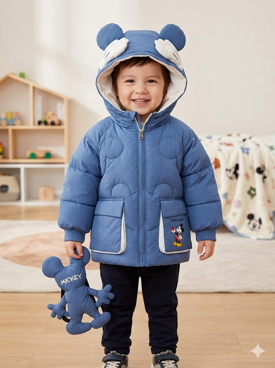 Chaqueta Acolchada Importada Térmica para Niño "Mickey Mouse" con Orejitas - Azul