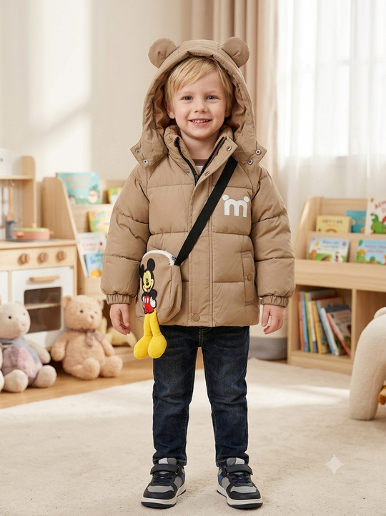 Chaqueta Acolchada Importada Térmica para Niño "Mickey" con Capota y Bolso