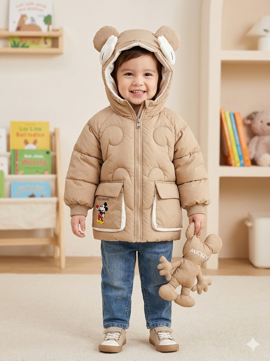 Chaqueta Acolchada Térmica para Niño "Mickey Mouse" con Orejitas – Beige