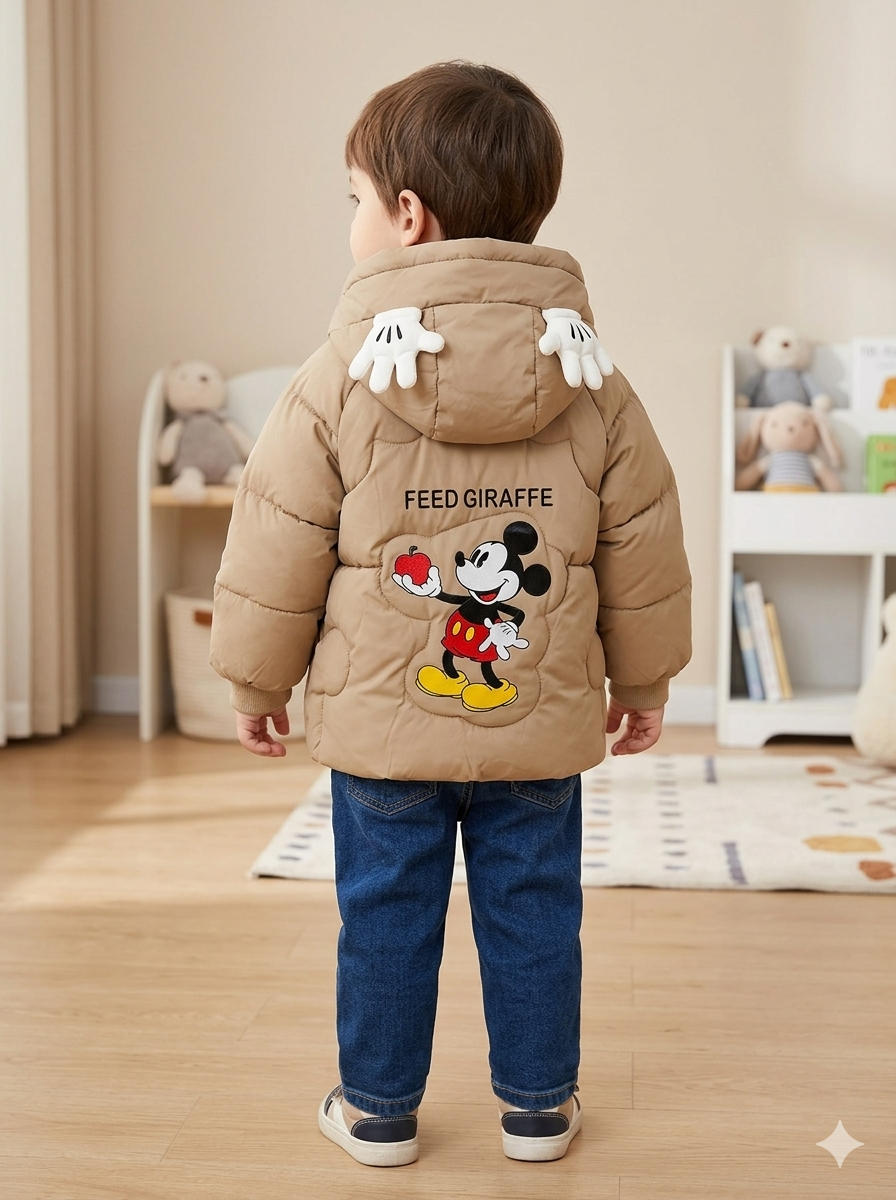 Chaqueta Acolchada Térmica para Niño "Mickey Mouse" con Orejitas – Beige