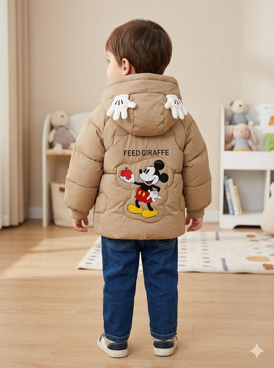 Chaqueta Acolchada Térmica para Niño "Mickey Mouse" con Orejitas – Beige