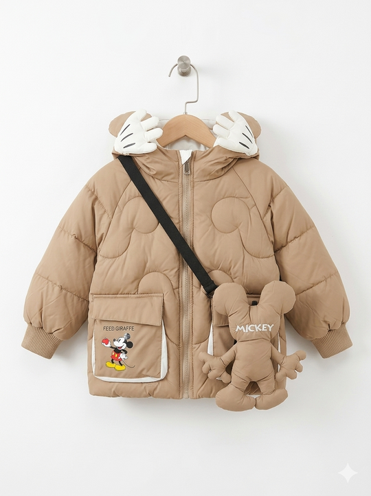 Chaqueta Acolchada Térmica para Niño "Mickey Mouse" con Orejitas – Beige