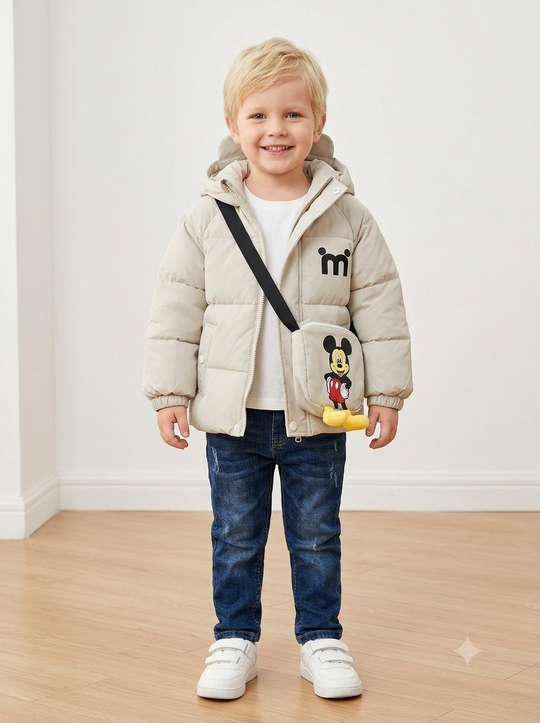 Chaqueta Acolchada Importada Térmica para Niño "Mickey" con Capota y Bolso