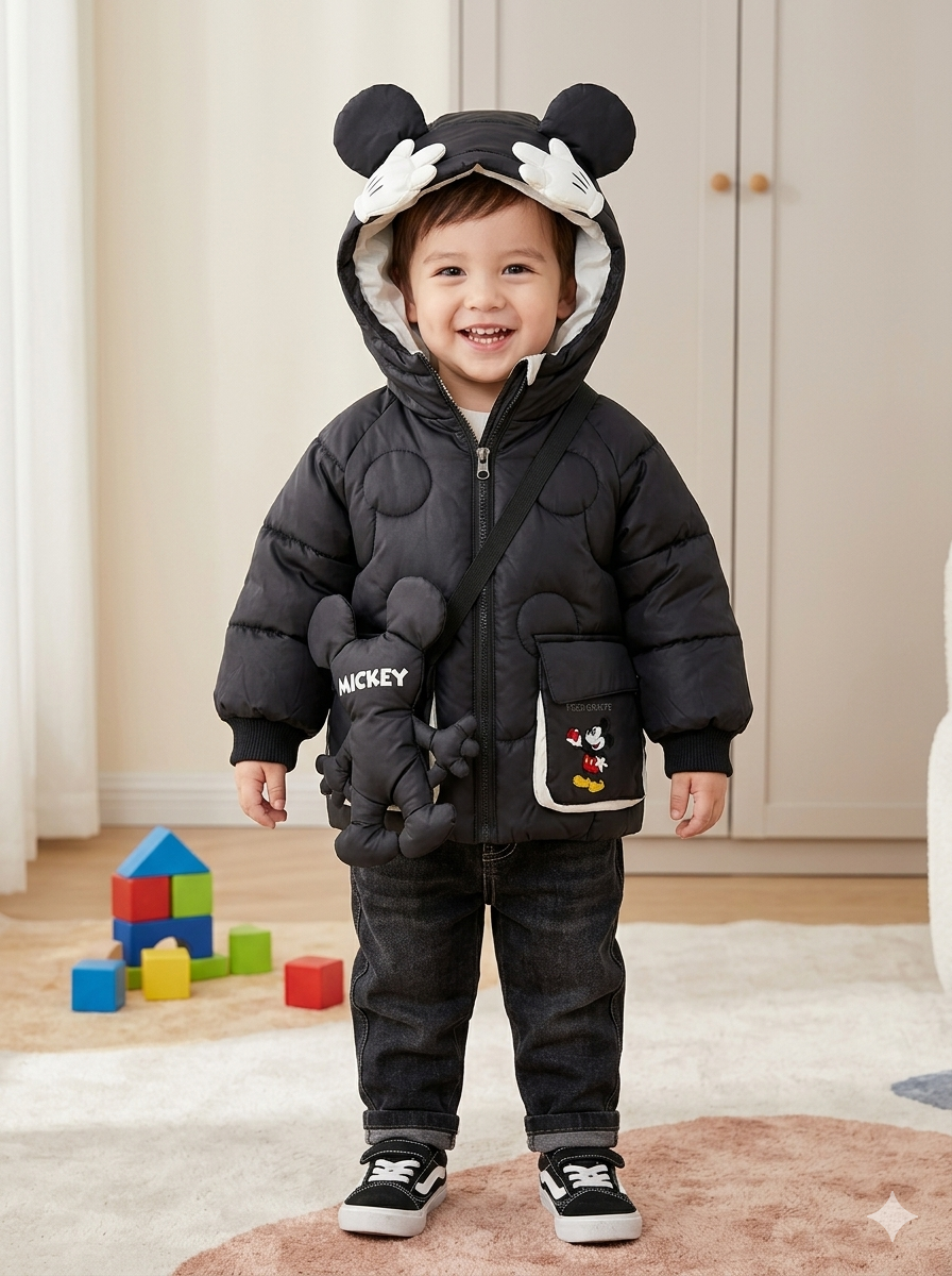 Chaqueta Acolchada Térmica para Niño "Mickey Mouse" con Orejitas – Negro