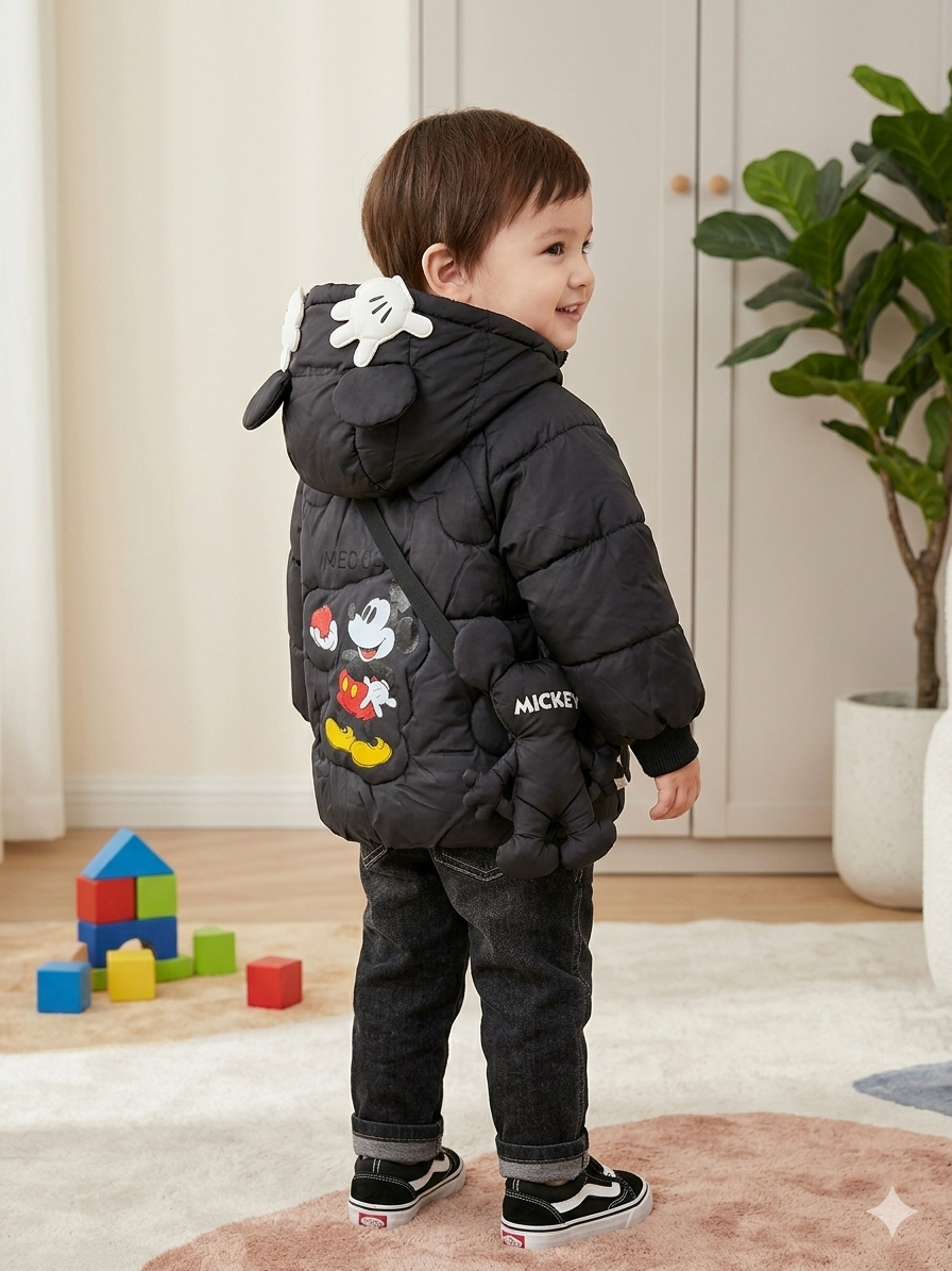 Chaqueta Acolchada Térmica para Niño "Mickey Mouse" con Orejitas – Negro