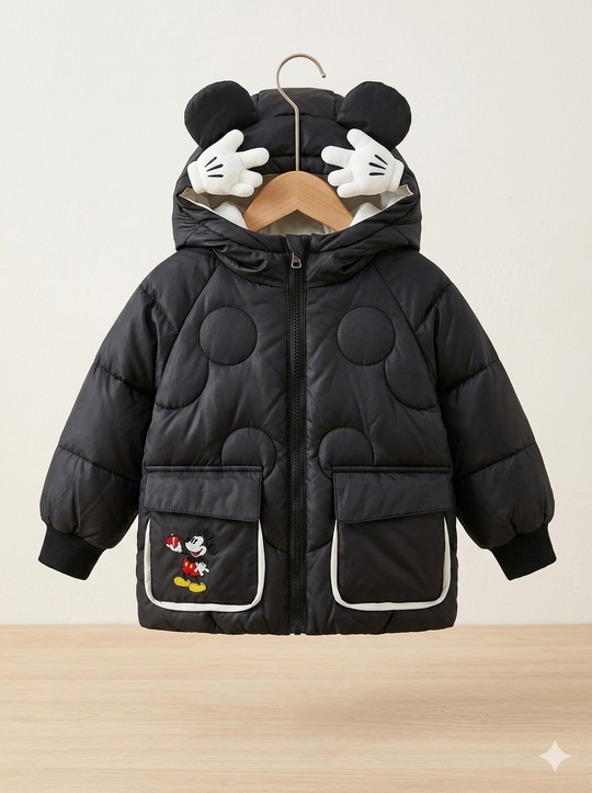 Chaqueta Acolchada Térmica para Niño "Mickey Mouse" con Orejitas – Negro