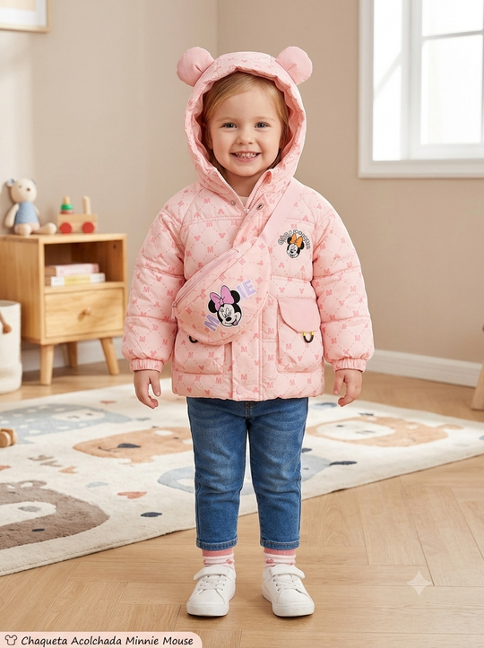 Chaqueta Acolchada Importada Térmica para Niña "Minnie Mouse" con Orejitas