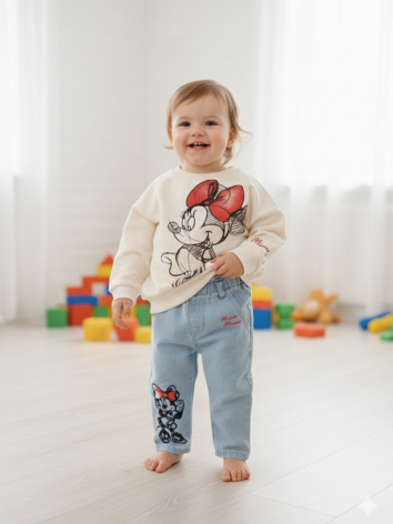 Conjunto Disney Minnie Mouse Niña - Buzo Crema y Jean Azul Claro