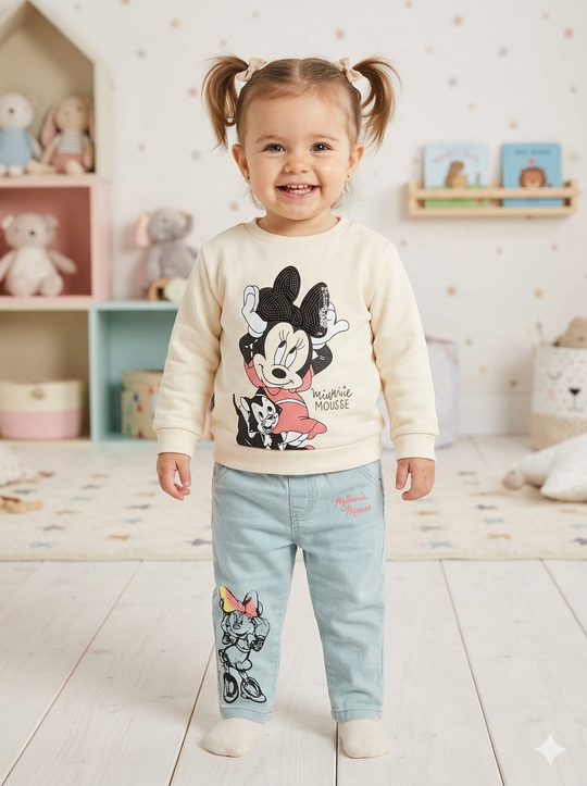 Conjunto Disney Minnie Mouse: Buso en Fleece Crema y Jeans Slim con Estampado