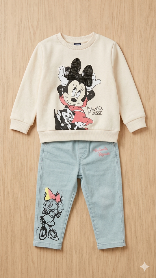 Conjunto Disney Minnie Mouse: Buso en Fleece Crema y Jeans Slim con Estampado