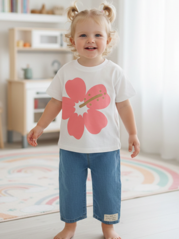 Conjunto Niña – "Tropical Bloom" Blanco y Jean Azul