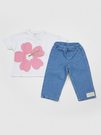 Conjunto Niña – "Tropical Bloom" Blanco y Jean Azul