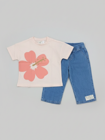 Conjunto Niña – "Tropical Bloom" Salmón y Jean Azul