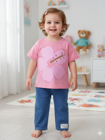 Conjunto Niña – "Tropical Bloom" Salmón Oscuro y Jean Azul