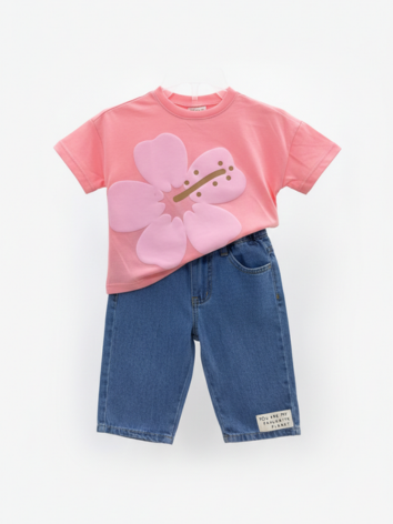 Conjunto Niña – "Tropical Bloom" Salmón Oscuro y Jean Azul