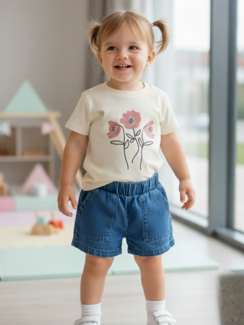 Conjunto Niña – Camiseta Floral Beige y Short Denim con Bolsillos