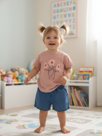 Conjunto Niña – Camiseta Floral Guayaba y Short Denim con Bolsillos