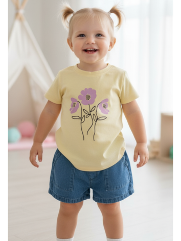 Conjunto Niña – Camiseta Floral Amarillo y Short Denim con Bolsillos