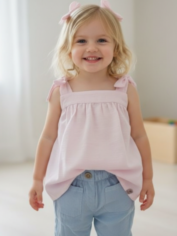 Conjunto Verano Niña – Blusa Rosa con Lazos y Pantalón Estilo Dril