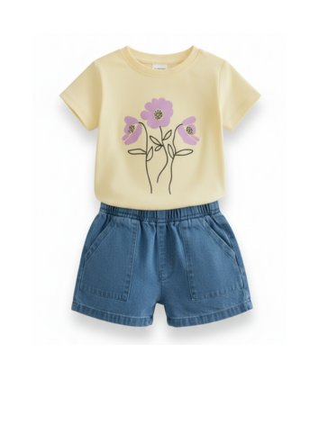 Conjunto Niña – Camiseta Floral Amarillo y Short Denim con Bolsillos